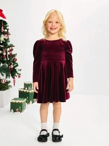 SHEIN Mädchen elegantes, süßes Party Weihnachts-Strickkleid aus Samt mit langen Puffärmeln, Schleife am Rücken und Mesh-Einsätzen, rot, geeignet für Kinder Freizeitmode, Rückkehr zur Schule, Eröffnungszeremonie, Alltagsmode, Schule, Reisen, Sport, Herbst/Winter - Bordeaux - Übersicht 5