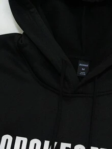 ROMWE MEN Street Life 男士字母与图案印花热衬里休闲连帽蝙蝠袖运动衫，秋冬 - 黑色 - 查看 3