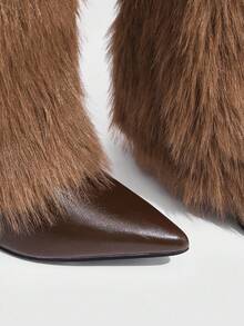 CUCCOO SZL Women's Black Pointed Toe Stiletto Heel Furry Warm Knee-High Boots, European And American Style For Autumn/Winter - Brown - View 6