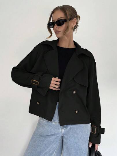 Siren Gaze Women's Solid Color Button-Up Drawstring Trench Coat,Fall Winter Black Casual Black Spring
