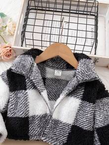 SHEIN Babygirl 毛绒格子夹克、针织上衣和裤子三件套，秋冬 - 黑與白 - 查看 6