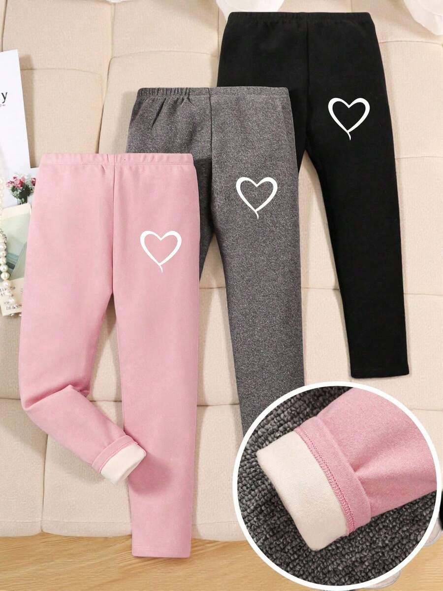 SHEIN Bộ 3 quần legging lót nhiệt màu trơn họa tiết trái tim cho bé gái - Nhiều màu - Xem 1