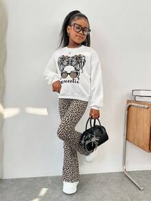SHEIN 青少年女孩时尚休闲家居服和户外针织圆领运动衫和喇叭裤套装，印花图案 + 花卉喇叭裤 - 彩色 - 查看 5