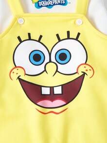 SpongeBob SquarePants | SHEIN 2 件女婴字母图案连帽衫和可爱卡通图案背带裤休闲套装 - 彩色 - 查看 7
