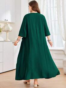 Al Najma 女式宽松圆领七分袖连衣裙，配有大口袋，舒适的亚麻外观，适合日常休闲穿着，加大码 - 綠色 - 查看 2