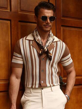 Manfinity CityGents Men's Front Button Short Sleeve Striped Casual Knit Top Beach Vacation