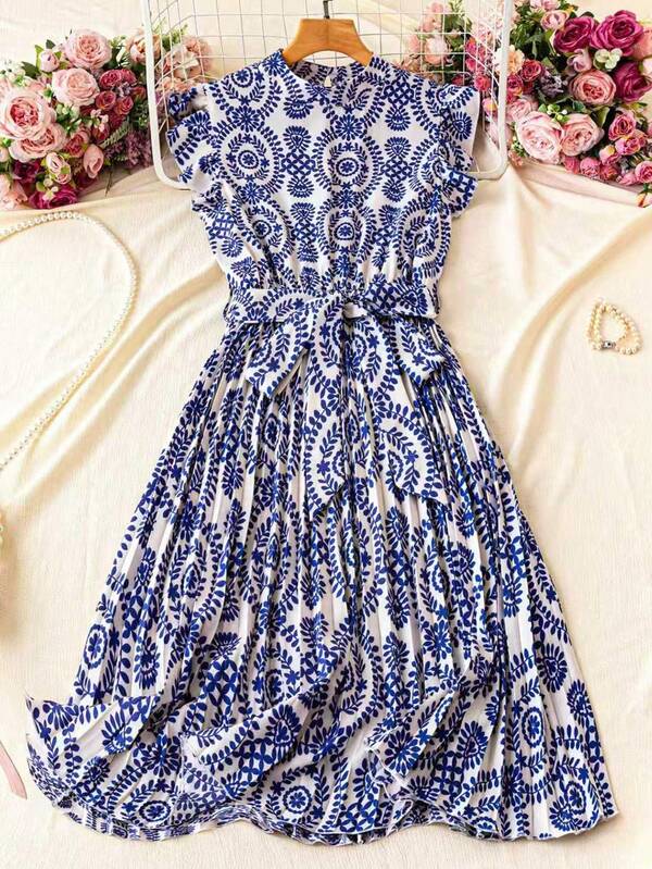 Franclia Vestido de vacaciones con estampado floral, cuello de pie y cintura fruncida