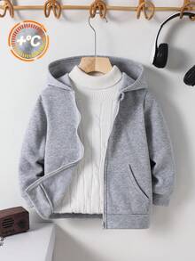 SHEIN Young Boys Casual Jacket Wtt Official Website, Boys' Winter Coat, Hooded Zip-Up Sweatshirt, School, Basic Tops, Winter Tops, Suitable For Spring, Summer, Autumn, Winter School, Garden, Beach, Birthday Fall - Grey - View 2