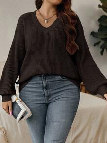 EMERY ROSE Plus Size Casual Solid Color Drop Shoulder Sweater, Autumn/Winter