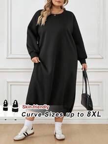 SHEIN CURVE+ Plus Size Women Loose Casual Long Fleece Hoodie Dress, Suitable For Halloween, Autumn/Winter/Autumn /Winter