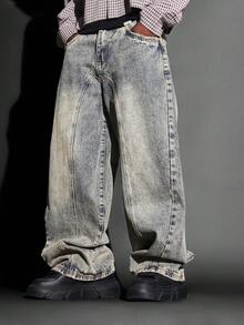 SUMWON 棉质做旧拼接超阔腿滑板牛仔裤，宽松版型，复古 Y2K 嘻哈街头风秋冬牛仔裤，颓废美学纯色 - 淺藍色 - 查看 1
