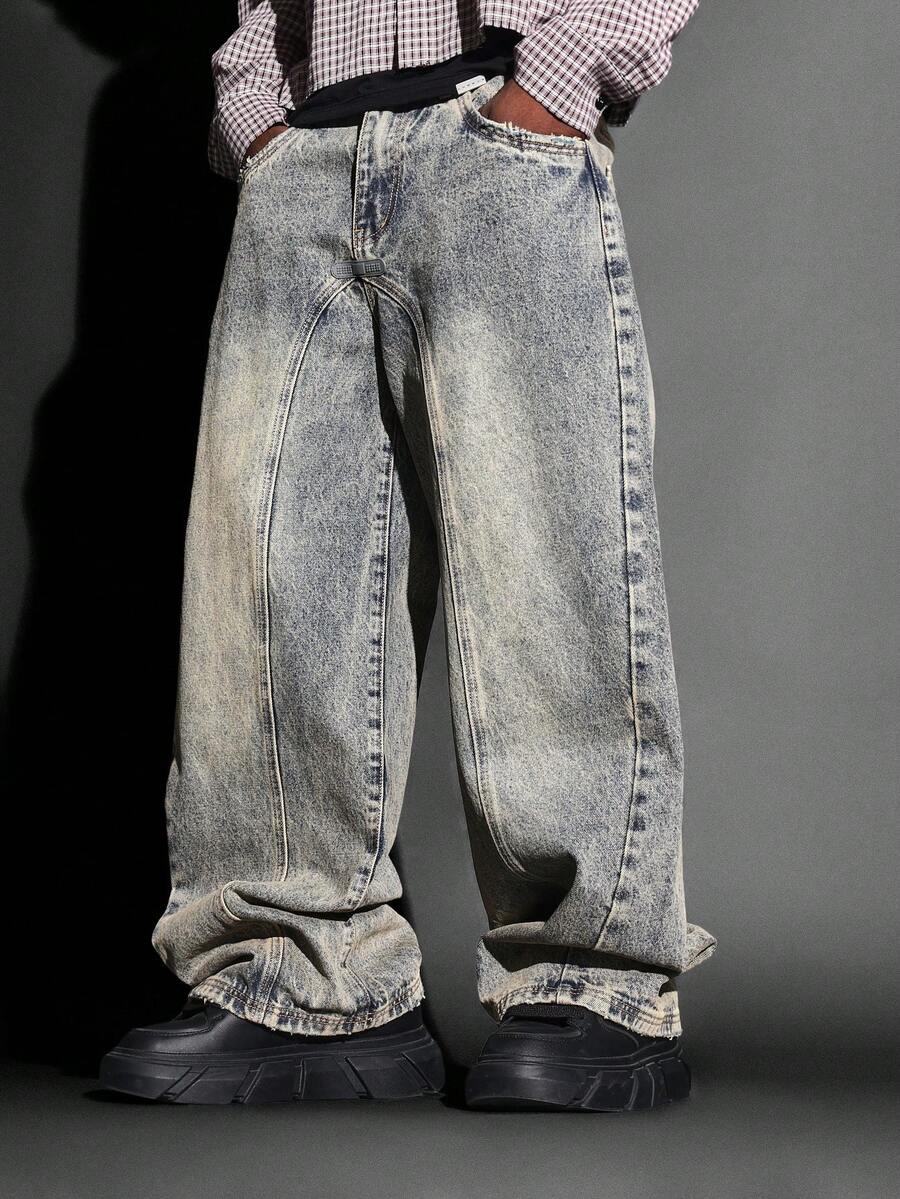 SUMWON 棉质做旧拼接超阔腿滑板牛仔裤，宽松版型，复古 Y2K 嘻哈街头风秋冬牛仔裤，颓废美学纯色 - 淺藍色 - 查看 1