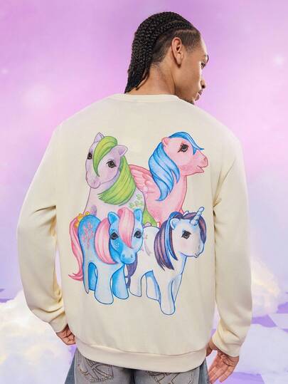 My Little Pony X SHEIN Men's Casual Horse Print Round Neck Drop Shoulder Sweatshirt, Autumn