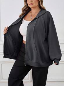 SHEIN CURVE+ Plus Size Women's Solid Color Raglan Sleeve Zipper Front Pocket Drawstring Sweatshirt, Casual For Autumn/ Winter - Dark Grey - View 10