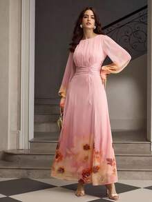 ZEYLAH Printed Long Pleated Waist Cinched Autumn/Winter Dress - Multicolor - View 6