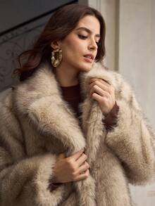 ZEYLAH Abrigo largo de piel sintética con cuello grande y esponjoso - Albaricoque - Ver 2