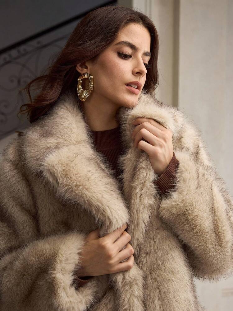 ZEYLAH Faux Fur Oversized Collar Long Shaggy Coat | SHEIN EUR