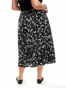 SHEIN EZwear 女式花卉印花松紧腰宽松下摆休闲裙，夏季 - 黑與白 - 查看 5