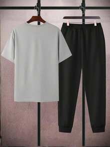 Manfinity Homme Men's Plus Size Letter Printed Short Sleeve T-Shirt And Sweatpants Set - Black - View 3