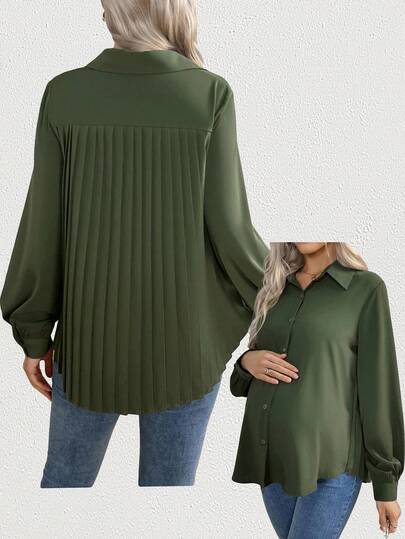SHEIN 孕妇休闲纯色褶皱长袖衬衫