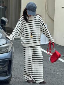 2件套女童高领条纹毛衣和裤子套装，秋季 - 彩色 - 查看 3