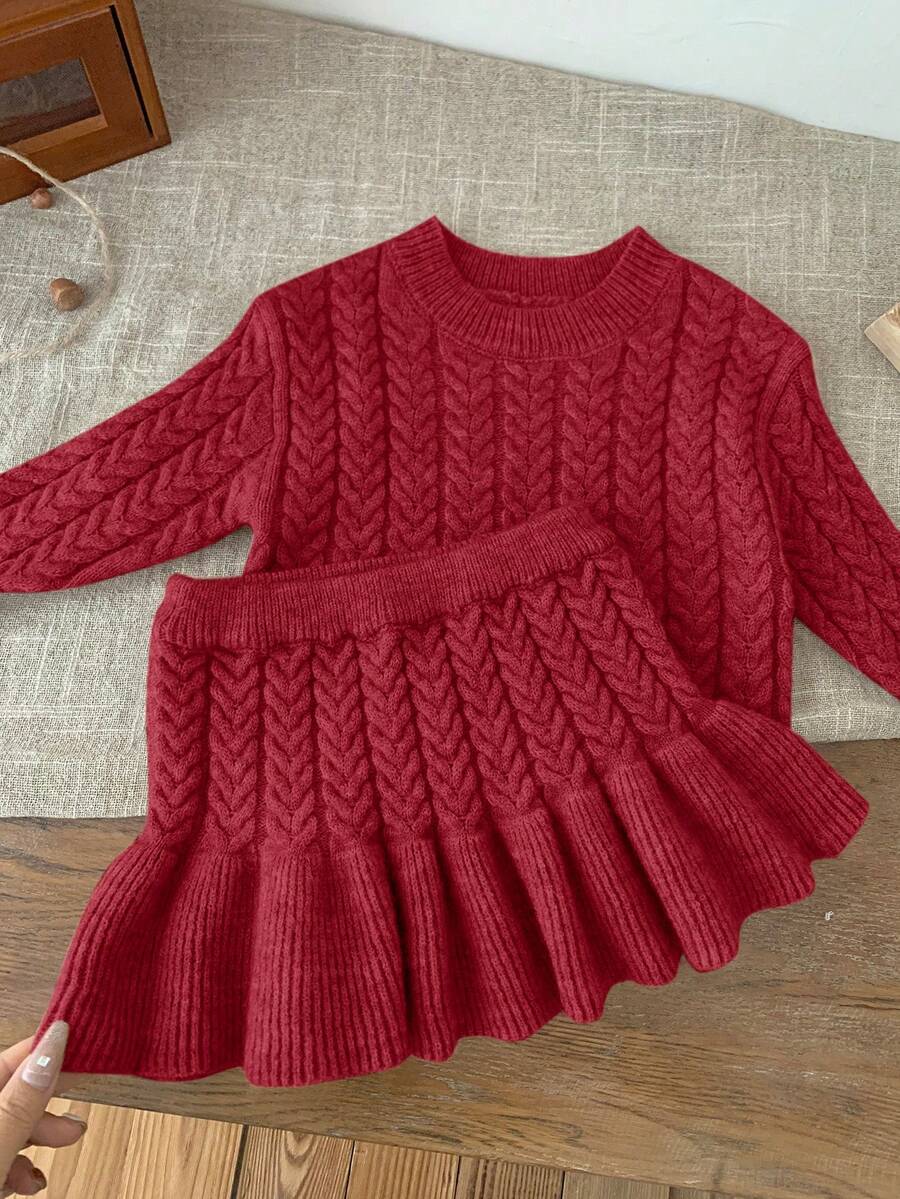 SHEIN LMoss Kids LMoss 女婴 Babygirl 两件套卡其色长袖毛衣和松紧腰荷叶边下摆短裙套装，秋冬 - 紅色 - 查看 1