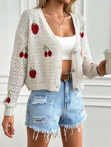 RueChic Vcay Sweet Holiday Cardigan With Strawberries And Cherries - Beige - View 4
