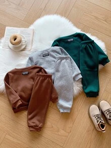 SHEIN 6 件套男婴/女婴百搭纯色卡其绿灰色长袖运动衫和松紧腰裤套装，适合秋冬户外运动 - 彩色 - 查看 4