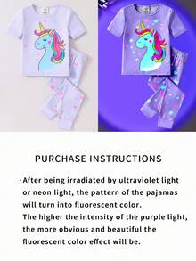 Young Girl Unicorn Glow Pattern Short Sleeve Jumpsuit 2Pcs Loungewear Set, Light Pink - Mauve Purple - View 5