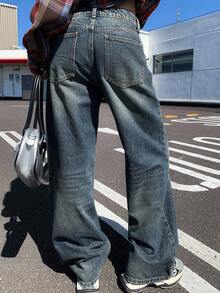 DAZY Women's Low-Waist Straight Leg Jeans, Casual Street Style City Wear Y2k - Dark Wash - View 5