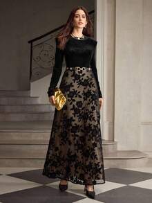 ZEYLAH Elegant Lace Patchwork Velvet Dress, Autumn/Winter - Black - View 5