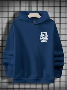 Manfinity Dauomo 男士休闲标语印花长袖连帽卫衣，秋冬 - 藍色 - 查看 2