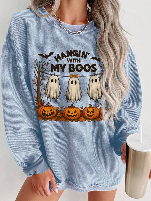 EMERY ROSE 万圣节鬼魂和南瓜印花休闲圆领羊毛长袖女式运动衫，秋冬送给朋友的绝佳礼物