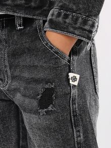 SUMWON 棉质儿童破洞宽松牛仔裤，带破洞细节，灰色牛仔工装裤，常规版型，休闲街头风格，冬季时尚裤装