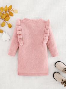 SHEIN Babygirl Khaki Ruffled Hem Long Sleeve Sweater Dress, Casual & Cute, Autumn/Winter - Pink - View 2