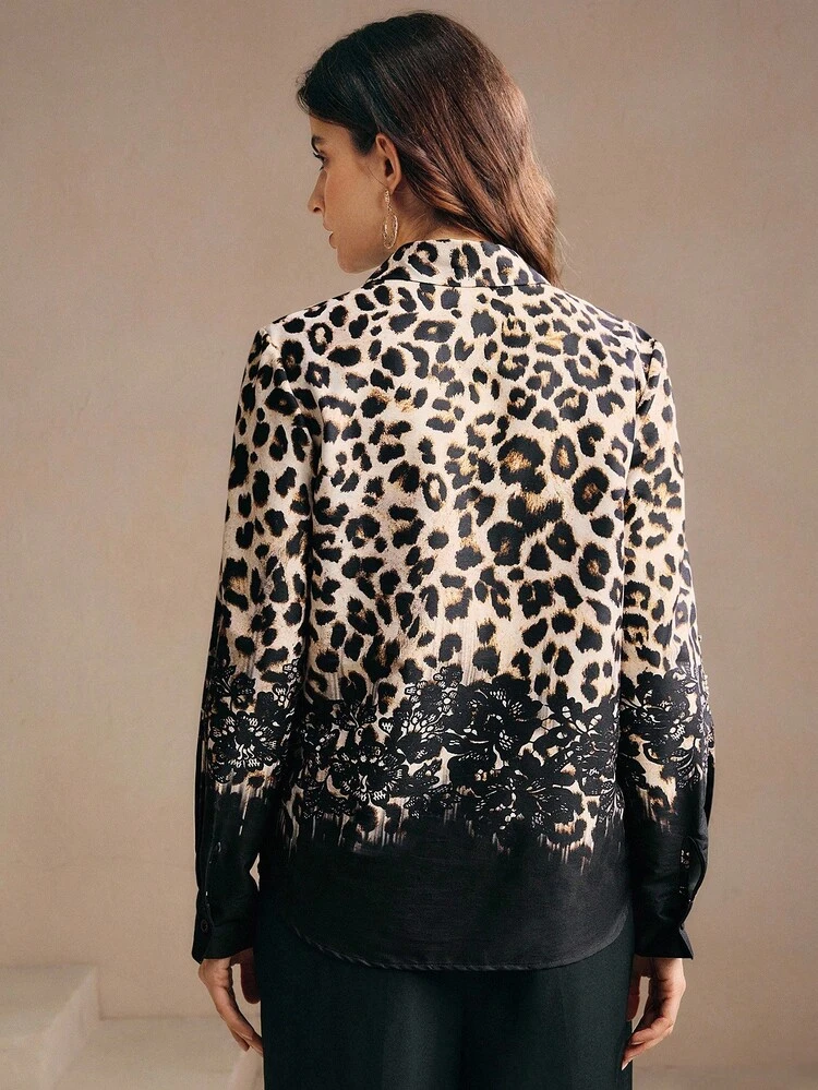 Vintage Farbverlauf Leoparden-Muster Schulter Perlen Regular Fit Langarm Damen Bluse, geeignet für Herbst/Winter, Weihnachten, Neujahr, Party, elegant, luxuriös, formell, schick