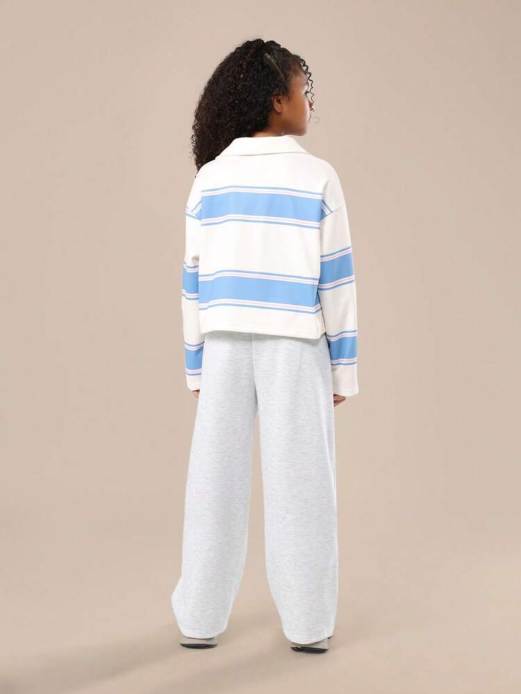 Striped Polo Neck Set With Wide Leg Pants