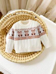 Áo len chui đầu họa tiết gấu jacquard màu mơ cho bé trai, áo len dày dài tay dễ thương cho trẻ em từ 0-3 tuổi, mùa thu/đông - Màu be - Xem 1
