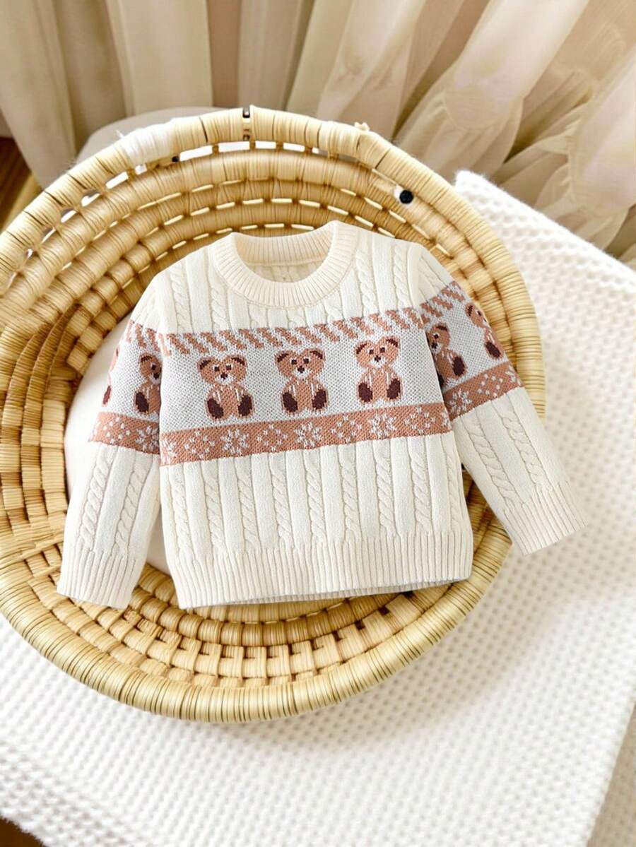Áo len chui đầu họa tiết gấu jacquard màu mơ cho bé trai, áo len dày dài tay dễ thương cho trẻ em từ 0-3 tuổi, mùa thu/đông - Màu be - Xem 1