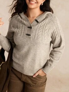 EMERY ROSE Cardigan à capuche et boutons en tricot torsadé grande taille, pull à manches longues, confortable pour le trajet et le port casual