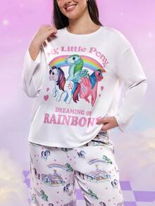 My Little Pony X SHEIN Plus Size Cute Horse Print Round Neck Long Sleeve Top And Pants Pajama Set, Autumn, Cozy Outfit, Fall Winter Clothes - Multicolor - View 1