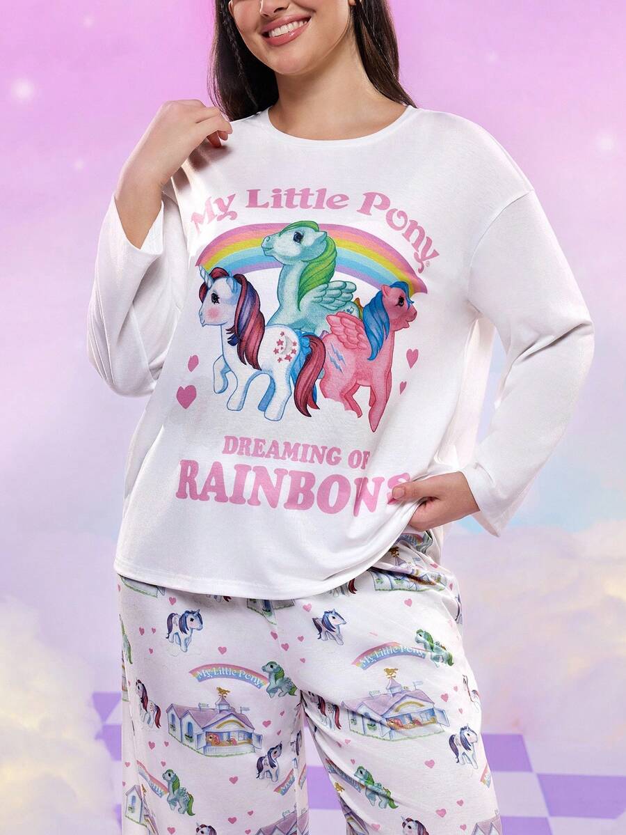 My Little Pony X SHEIN Plus Size Cute Horse Print Round Neck Long Sleeve Top And Pants Pajama Set, Autumn, Cozy Outfit, Fall Winter Clothes - Multicolor - View 1