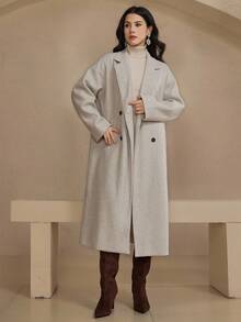 DAZY 女士优雅宽松长款大衣，秋冬款 - 杏色 - 查看 7