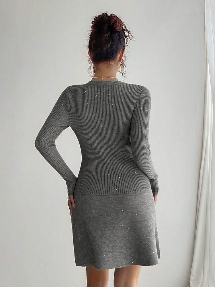 Women's Casual Solid Color Cardigan And Skirt 2 Pieces Set, Autumn