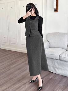 DAZY 女士休闲方领无袖上衣和裙子两件套，秋季 - 灰色 - 查看 6