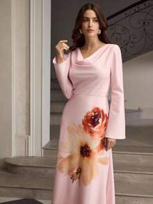 ZEYLAH Elegant Swing Neck Floral Print Flare Sleeve Dress - Pink - View 4