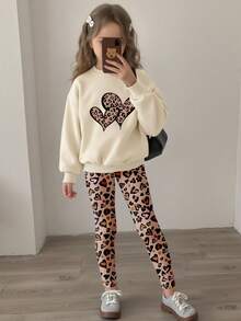 SHEIN 女孩休闲时尚创意秋季卡通可爱豹纹心形图案印花套头衫和紧身裤两件套 - 彩色 - 查看 3