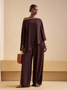 Zivah 2025 新款秋冬女装休闲通勤棕色宽松单肩不对称上衣 + 高腰阔腿裤女两件套，返校、乡村音乐会服装、返校节、万圣节、圣诞节、女士早午餐服装、外出服装、女士教堂服装、旅行、购物-A - 棕色 - 查看 6