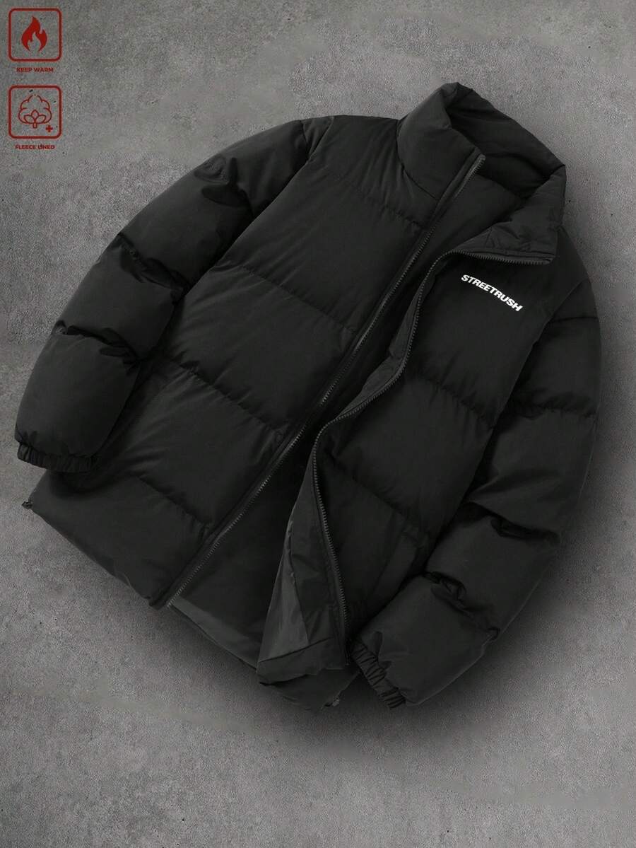 PAVTROS 男式字母印花拉链休闲冬季夹克 - 黑色 - 查看 1