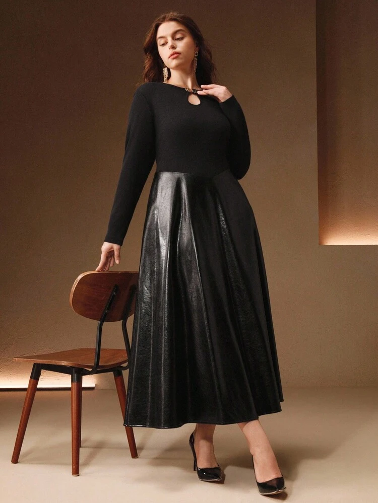 Women's V-Neck Knitted Top & A-Line Faux Leather Mix Skirt Dress Maxi Women Outfit